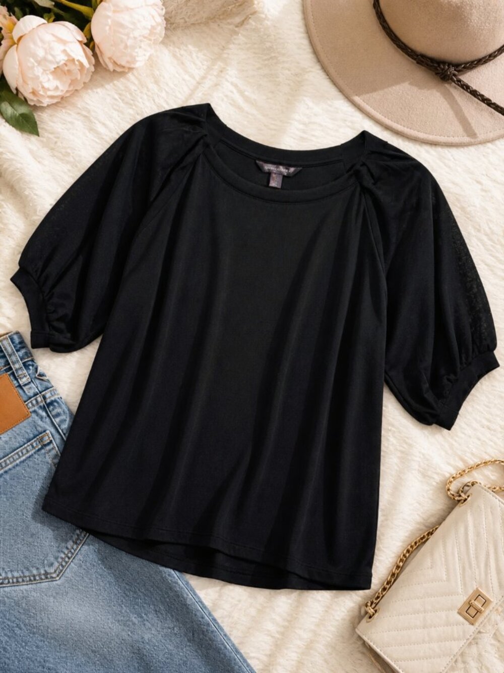 Banana Republic Black Blouse/Top with Sheer 3/4 Length Puff‎ Sleeves, Size Small